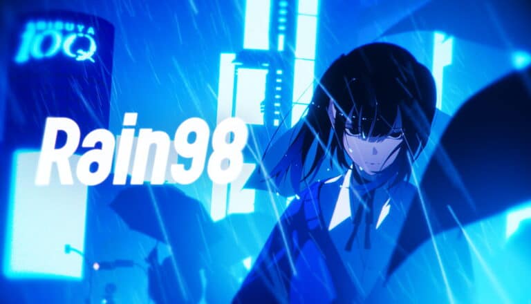 Reina standing in a neon-blue rainstorm in official Rain98 key art