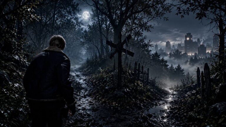 Leon Kennedy approaches a fork between forest and city
