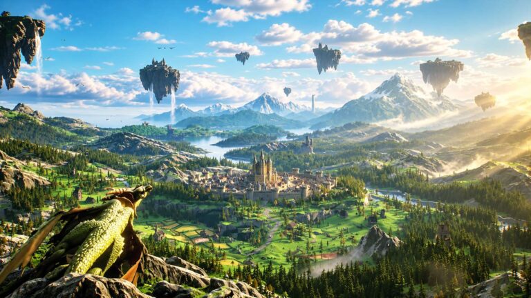 A dragon overlooks a luminous Gielinor valley with floating islands in the RuneScape 4 teaser world