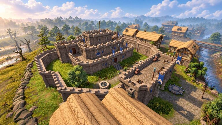 A bright aerial view of Lumbridge castle and surrounding countryside in RuneScape Reignited