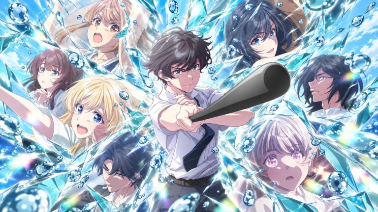 Saku Chitose swings a baseball bat amid his friends and sparkling ramune glass