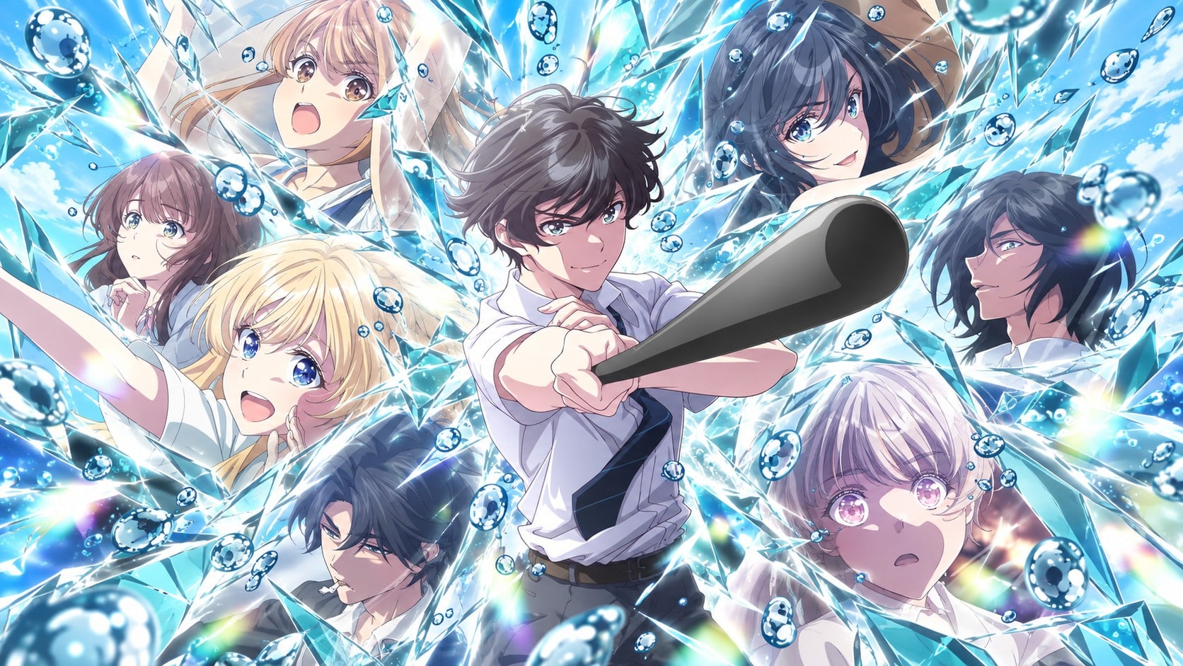 Saku Chitose swings a baseball bat amid his friends and sparkling ramune glass
