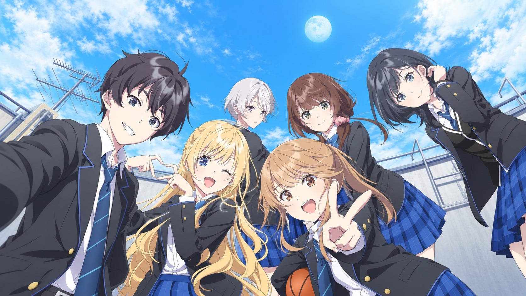 Saku Chitose poses with his close-knit school friends under a blue sky