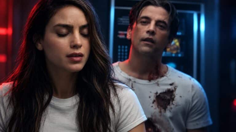 Melissa Barrera as Sam Carpenter with Skeet Ulrich as Billy Loomis behind her in Scream