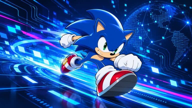 Sonic the Hedgehog running through a blue digital network environment