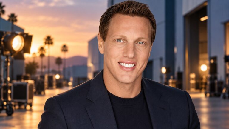 David Ellison on a film studio lot at sunset