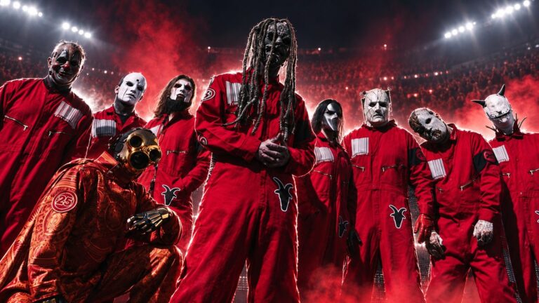 Slipknot members in red jumpsuits and masks inside a stadium