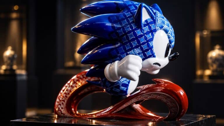 Blue and white porcelain Sonic statue displayed in a dark gallery