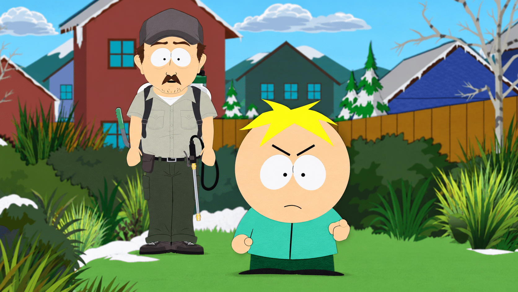 Angry Butters standing in a snowy backyard beside an exterminator