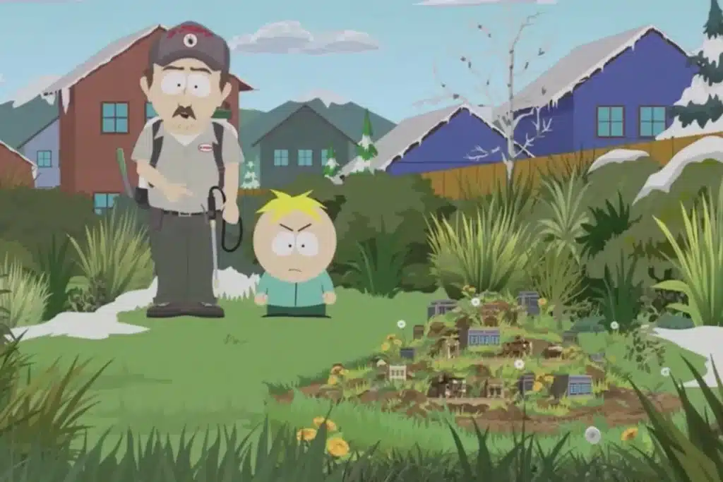 Butters and an exterminator looking at a miniature billionaire town in a backyard
