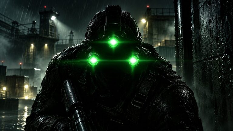 Stealth operative with glowing green tri-lens goggles in a rain-soaked industrial facility