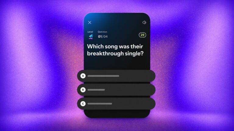 Spotify Music Quiz interface on a purple studio background