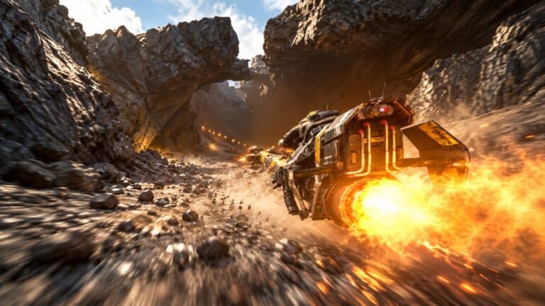 Orange repulsorcraft racing through a rocky canyon with a bright engine flame