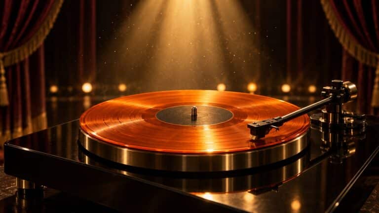 Orange vinyl record under a golden stage spotlight