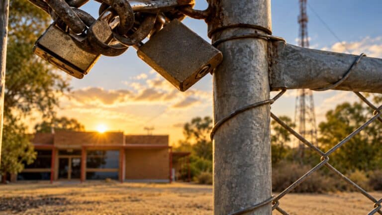 Padlocks on a gate outside a regional television facility