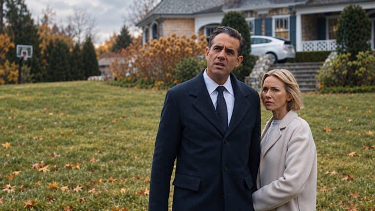 Dean and Nora Brannock look anxiously toward their suburban home in The Watcher