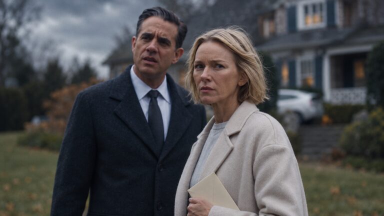 Naomi Watts and Bobby Cannavale outside a suburban home in The Watcher