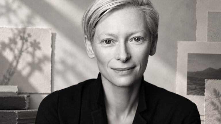 Tilda Swinton in a monochrome editorial portrait