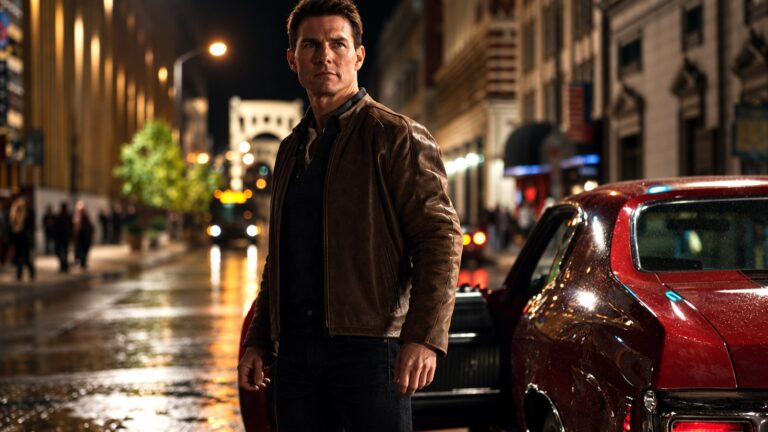 Tom Cruise as Jack Reacher on a wet city street