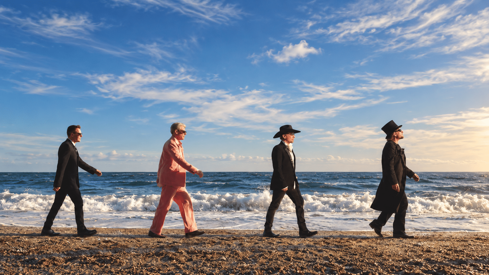 U2 walking along a beach beneath a bright blue sky