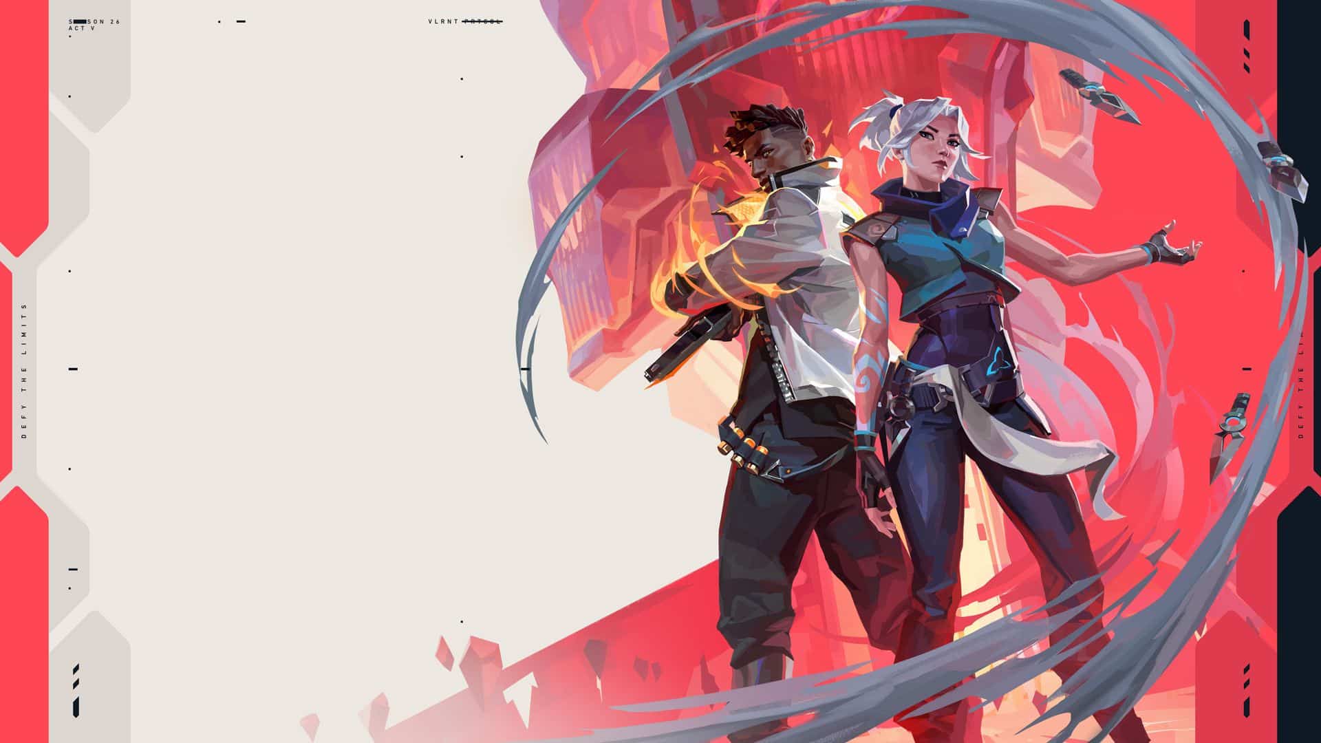 Two Valorant agents posed against a vivid red and purple background