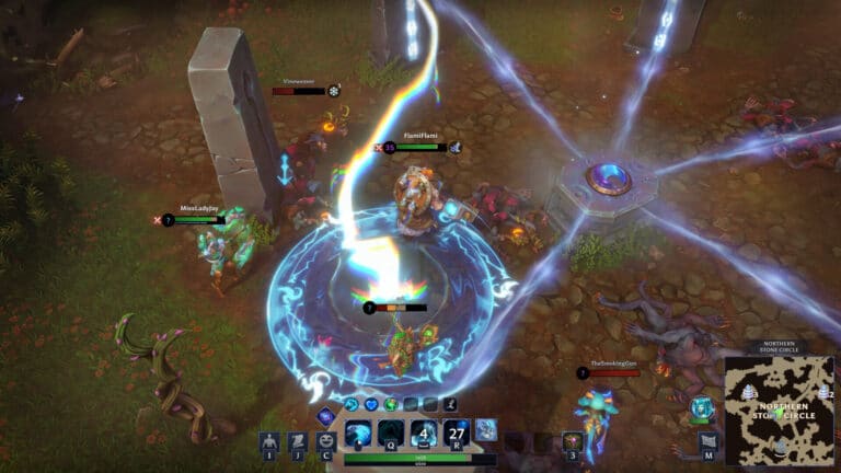 Three Vaultbreakers fighting enemies in a glowing stone circle