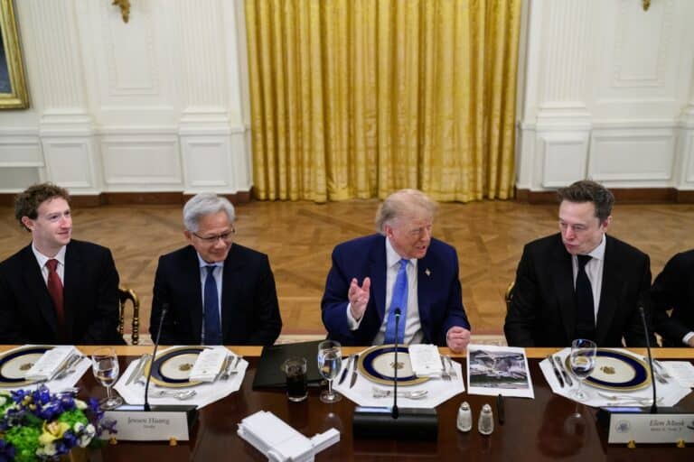 Donald Trump seated between Jensen Huang, Mark Zuckerberg and Elon Musk at the White House Super Intelligence luncheon
