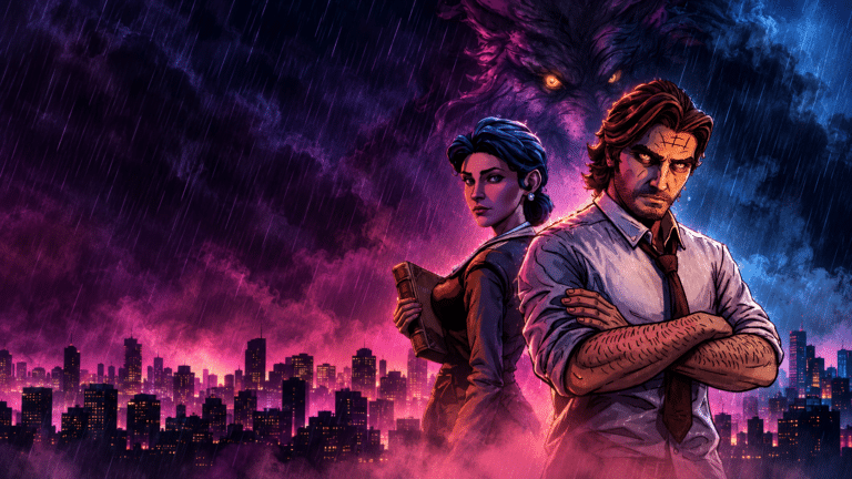 Bigby Wolf and Snow White under neon rain with a wolf silhouette