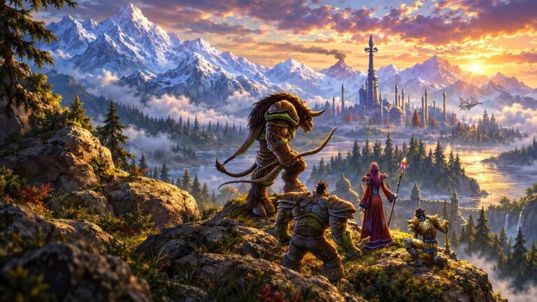 A World of Warcraft tauren archer overlooking a mountain city