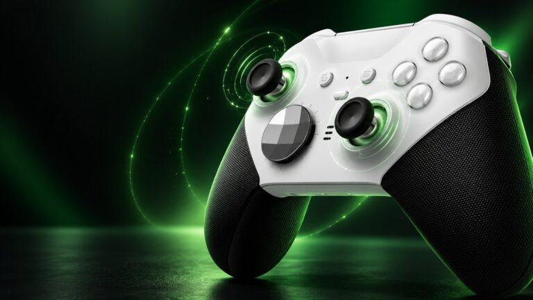 White Xbox controller surrounded by green magnetic arcs in a dark studio setting